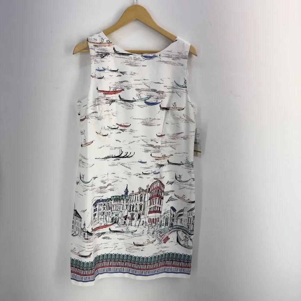 NEW Leslie Fay Venice Gondula Boat White Sleeveless Knee Length Shift Dress 14 - Picture 11 of 17